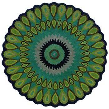 3' Green and Black Peacock Hand Tufted Wool Round Area Throw Rug Laddha Home Designs