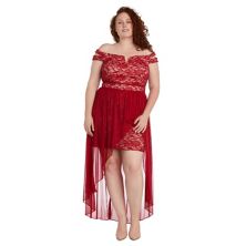 Juniors' Plus Size Morgan and Co Off-The-Shoulder Lace & Chiffon Dress Morgan and Co