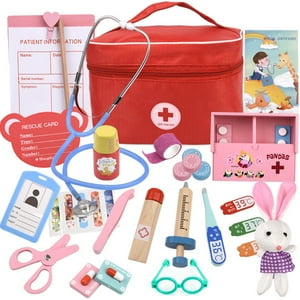 Wooden Doctor Kit for Kids, 32 Pieces Pretend Play Dentist Medical Kit with Stethoscope, Montessori Doctor Set Toy for Toddler Boys Girls Ages 3 4 5 6 7 8 Kid Odyssey