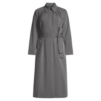 Pleated Neckline Belted Twill Trench Coat Misook