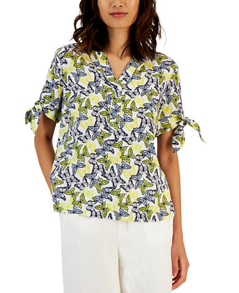 Petite Floral Tie-Cuff Linen Top, Created for Macy's Charter Club
