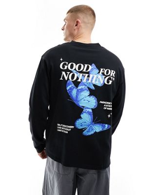 Good For Nothing butterfly graphic long sleeve T-shirt in light black Good For Nothing