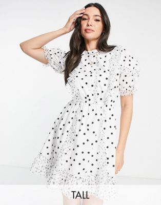 Topshop Tall mixed dot button front mini dress in monochrome Topshop Tall