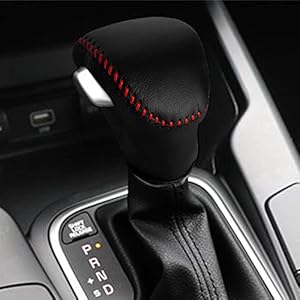 DEYTOP Gear Shift Cover for Kia Soul 2023-2020 Gear Knob Trims for Kia Carnival 2022 2023 Accessories Auto Leather Gear Shifter Knob Protector (Black with Red Stitches) Deytop