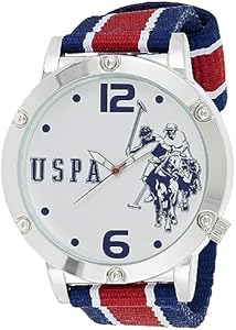 U.S. Polo Assn. Men's Analog Watch – White Dial with Red and Blue Striped Grosgrain Strap, Luminous Hands, and Adjustable Fit for Wrists 5.5" to 8" Accutime