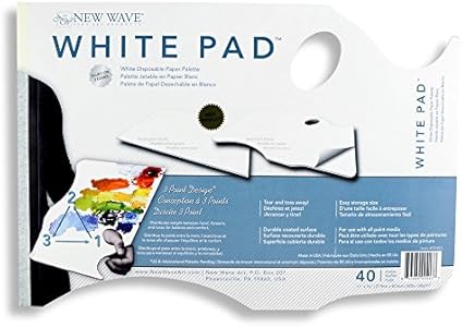 New Wave White Pad | Hand Held Paper Palette, 11"x16" Inches, Disposable Paint Palette, 40 Sheets, Glue-Bound, Bleed-Proof Palette With Thumb Hole, For All Art Media, Patented Ergonomic Design New Wave