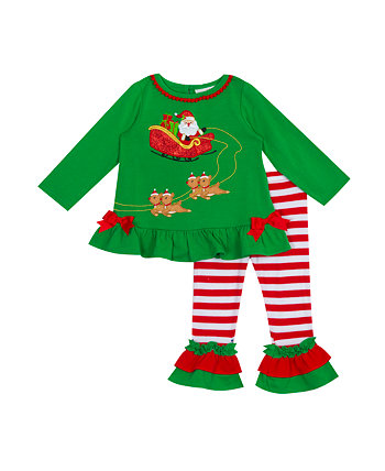 Little Girls Santa Knit Top and Printed Stripe Leggings Rare Editions