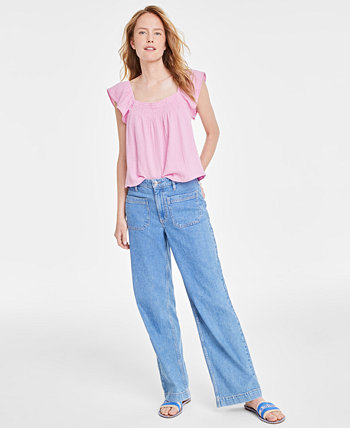 Women's Cotton Gauze Flutter-Sleeve Top, Created for Macy's On 34th