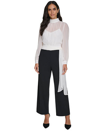 Women's Mock-Neck Chiffon-Top Straight-Leg Jumpsuit Calvin Klein