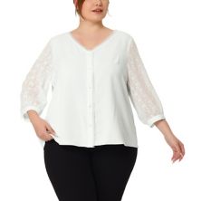 Spring Plus Size Women's V Neck Lace 3/4 Sleeves Top Casual Blouse Agnes Orinda