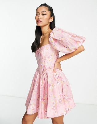 Корсетное платье мини с цветочным принтом пыльной розы Bardot Bardot