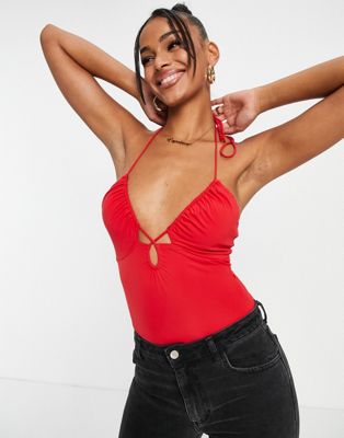 Love Triangle cami bodysuit with cut out in red Love Triangle
