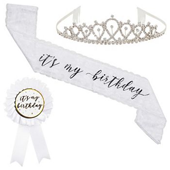 3 Piece Set Birthday Props, White Sash, Ribbon Pin, Gold Rhinestone Tiara Crown Sparkle and Bash