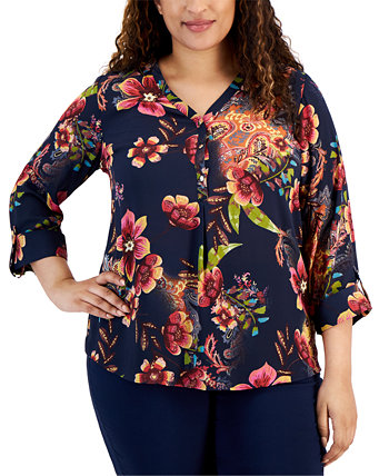 Plus Size Bianca V-Neck Buttoned-Cuff Top, Created for Macy's J&M Collection