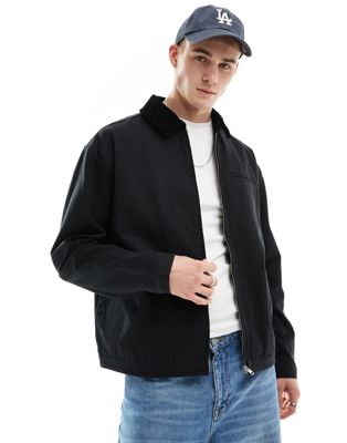 ASOS DESIGN oversized washed harrington jacket with corduroy collar in black ASOS DESIGN