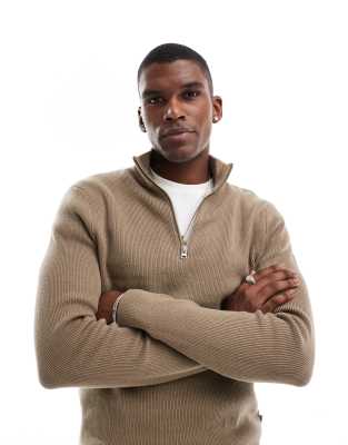 ONLY & SONS ribbed half zip sweater in light brown Only & Sons