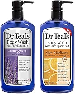 Dr Teal's Body Wash Combo Pack (48 fl oz Total), Soothe & Sleep with Lavender, and Glow & Radiance with Vitamin C & Citrus Essential Oils. Treat your skin, your senses, and your stress. Dr. Teal's