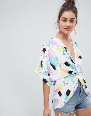 ASOS DESIGN knot front top with kimono sleeve in graphic print ASOS DESIGN