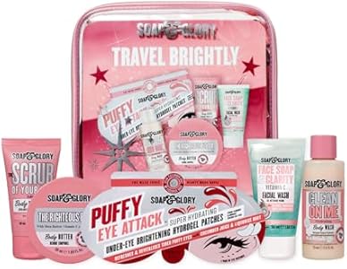 Soap & Glory Travel Brightly Gift Set - Travel Size Body Wash, Vitamin C Facial Cleanser, Body Butter, Exfoliating Body Scrub & Under Eye Patches - TSA Approved Skin Care (5 Count) Soap & Glory