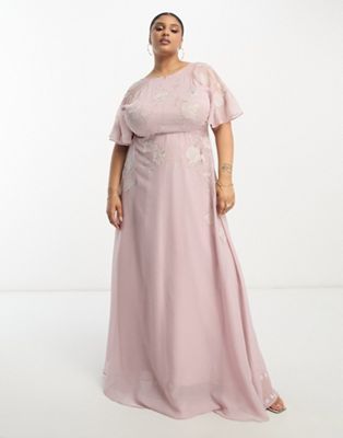 Розовое платье макси с рукавами ангела и цветочной аппликацией ASOS DESIGN Curve Bridesmaid ASOS Curve