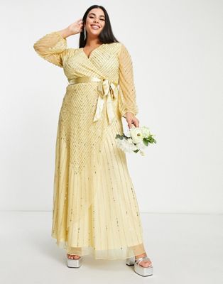 Frock and Frill Plus Bridesmaid wrap maxi dress in gold Frock and Frill Plus