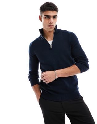 Темно-синий свитер из смесовой шерсти с высоким воротником и молнией 3/4 Selected Homme Selected