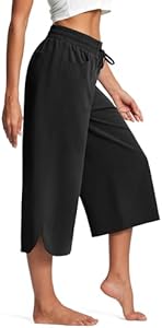 Wide Leg Capri Pants for Women with Pockets Loose Fit Culottes with Drawstring Comfort Casual Lounge Gaucho Iseegz