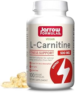 Jarrow Formulas L-Carnitine 500 mg - 100 Veggie Licaps - Important Cofactor for Energy Production (ATP) from Fats - Dietary Supplement - Vegan - Up to 100 Servings (Порции) Jarrow Formulas