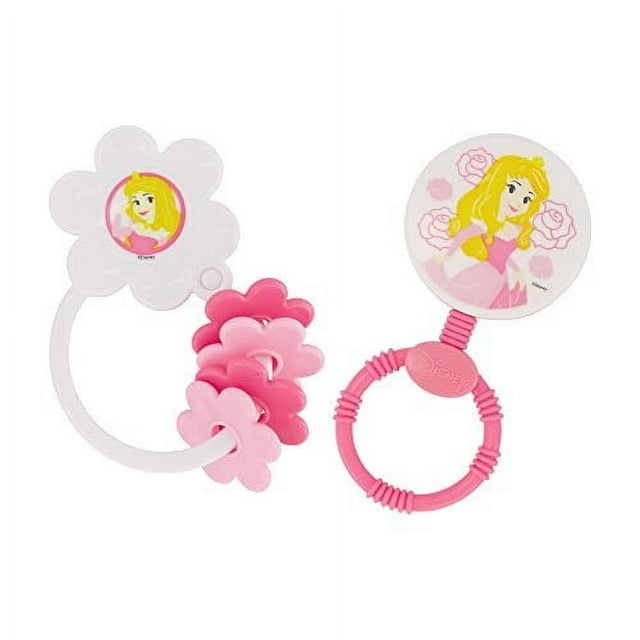 2 Pack Disney Princess Character Shape Rattle and Keyring Teether, Premium Toddler Birthday Toys, Infant Teething Toys, Great for Newborn Shower Gifts Disney