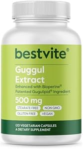 BESTVITE Guggul Extract 500mg (120 Vegetarian Capsules) - Backed by Clinical Research, Patented and Standardized, Enhanced by Bioperine - No Fillers - No Stearates - Vegan - Non GMO - Gluten Free Bestvite