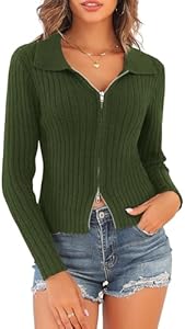 ZAFUL Women's Zip Up Sweater Long Sleeve Polo V Neck Ribbed Knit Slim Cropped Sweater Pullover Jumper Tops Zaful