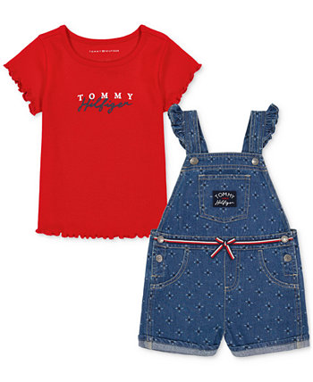 Toddler Girls Ribbed Logo T-Shirt & Printed Denim Shortall, 2 Piece Set Tommy Hilfiger