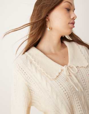 Nobody's Child knit pointelle sweater with collar in cream  Nobody's Child