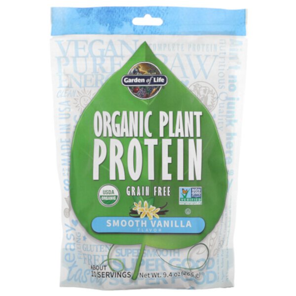 Органический растительный белок, беззерновой, с гладкой ванилью, 9,4 унции (265 г) Garden of Life