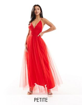 Lace & Beads Petite cross back tulle maxi dress in red LACE & BEADS