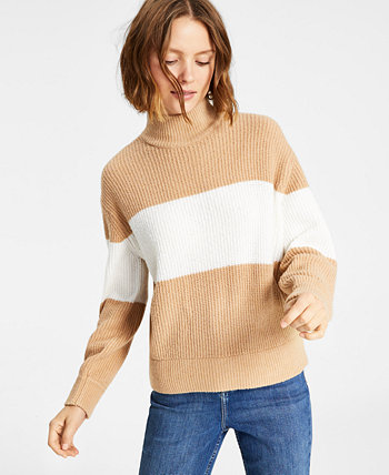 Juniors' Mock-Neck Striped Long-Sleeve Sweater Hippie Rose