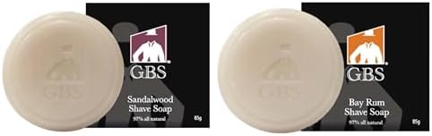 G.B.S Men's Shaving Soap 97% All Natural Enriched With Shea Butter and Glycerin, Creates Rich Lather Form, 3 Oz Each Pack of 2 (1 Sandalwood Round Shaving Soap, 1 Bay Rum Shaving Soap) G.B.S