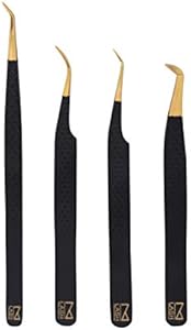 M LASH Tweezers for Eyelash Extensions (Set of 4) - Professional Lash Extension Tweezers - Fiber Tip, Japanese Steel, Diamond Grip Eyelash Extension Tweezer (Black) M