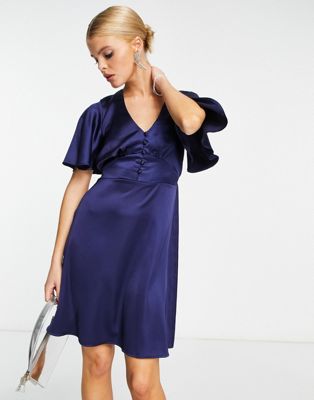 Темно-синее атласное платье мини с развевающимися рукавами Flounce London Flounce London
