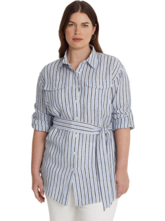 Плюс размер Полосатая льняная рубашка с поясом Ralph Lauren