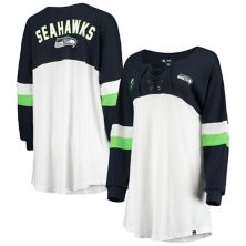 Женская футболка New Era White/College Navy Seattle Seahawks Athletic Varsity на шнуровке с v-образным вырезом и длинным рукавом New Era x Staple