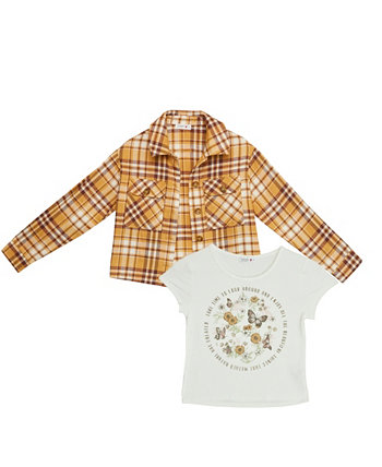 Плетеная клетчатая куртка с пуговицами спереди для больших девочек с карманами и комплектом футболок с экраном, 2 предмета Beautees