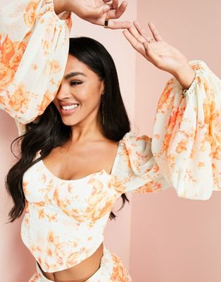 ASOS LUXE chiffon corset top with blouson sleeve in floral print - part of a set ASOS Luxe