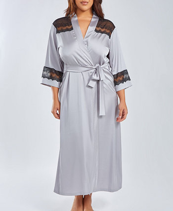 Plus Size Silky Stretch Satin Long Robe with Lace Trims ICollection