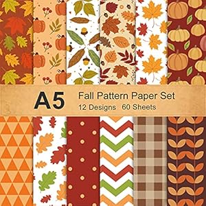 Whaline 60 Sheets Autumn Pattern Paper 5.5 x 8.3 inch Fall Leaves Pumpkin Plaid Craft Paper Double-Sided Origami Paper for Thanksgiving Card Making Scrapbook,12 Designs Whaline