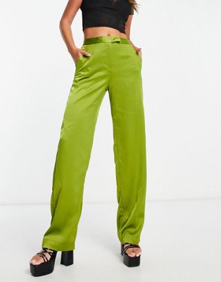 JJXX high waisted tailored satin pants in lime JJXX