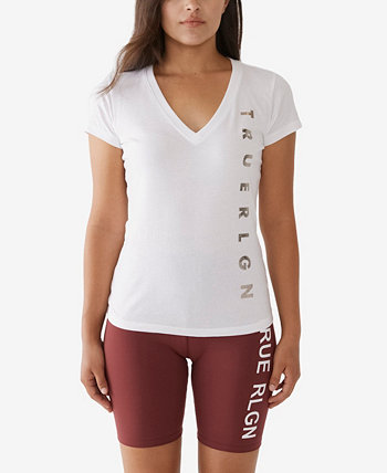 Женская тонкая футболка с короткими рукавами и V-образным вырезом с логотипом сбоку True Religion