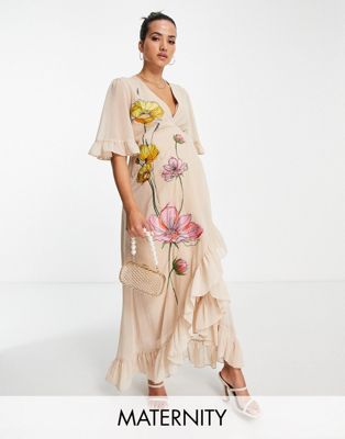 Hope & Ivy Maternity embroidered wrap maxi dress in peach floral Hope & Ivy Maternity