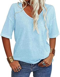 Danedvi Women Fashion V-Neck Half Sleeves Oversized T Shirt Solid Casual Loose Basic Tops Danedvi