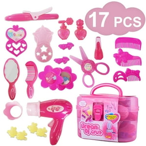 Little Girl Makeup Kit Pretend Play Hair Station with Case Kids Beauty Salon Set Toys, Hairdryer, Brush,Mirror & Styling(17pcs) Toy for little girl 1 2 3 4 Years Old Rirool